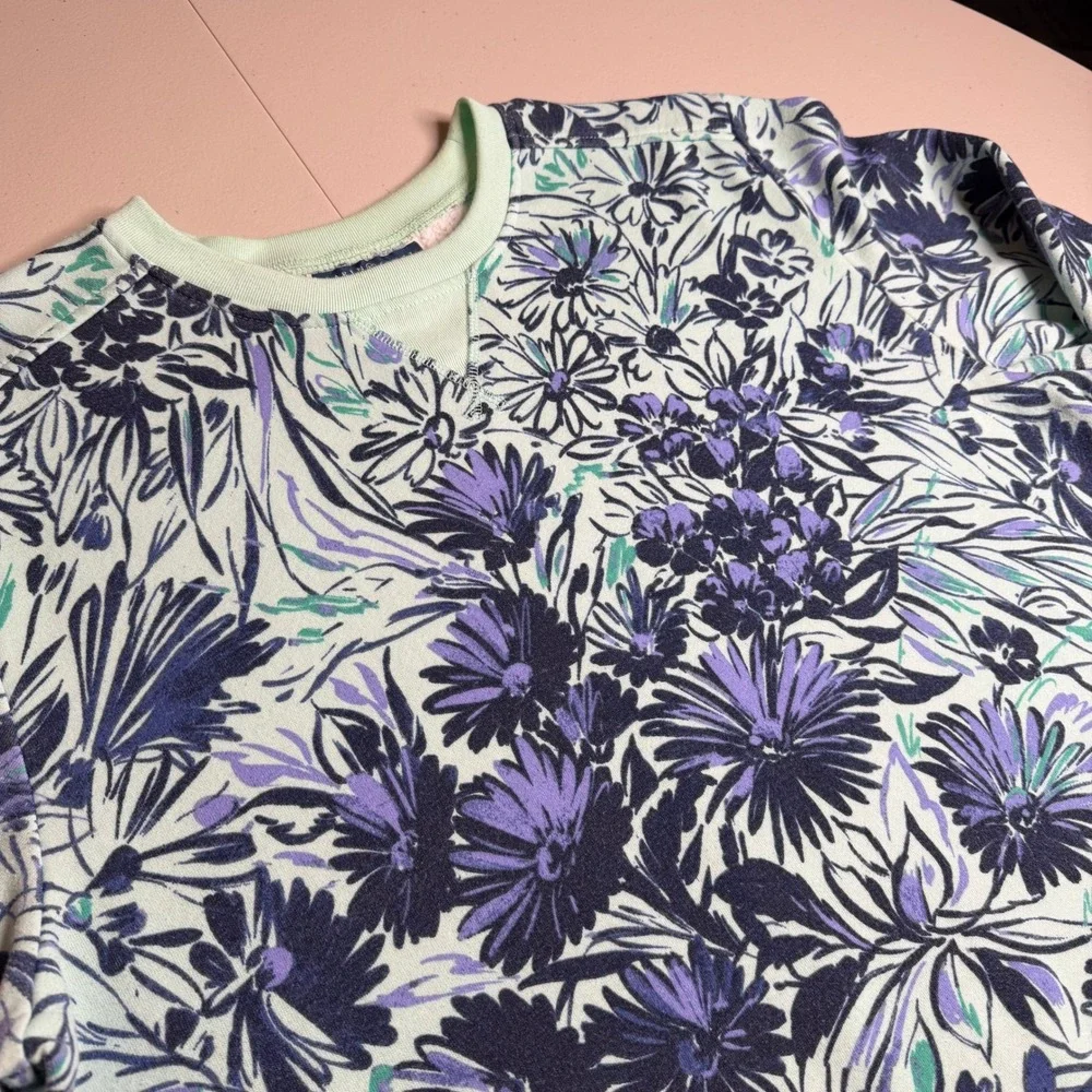 Karen Scott Sport Floral Sweatshirt Women XL Mint Green Purple Crewneck Pullover - Picture 2 of 8
